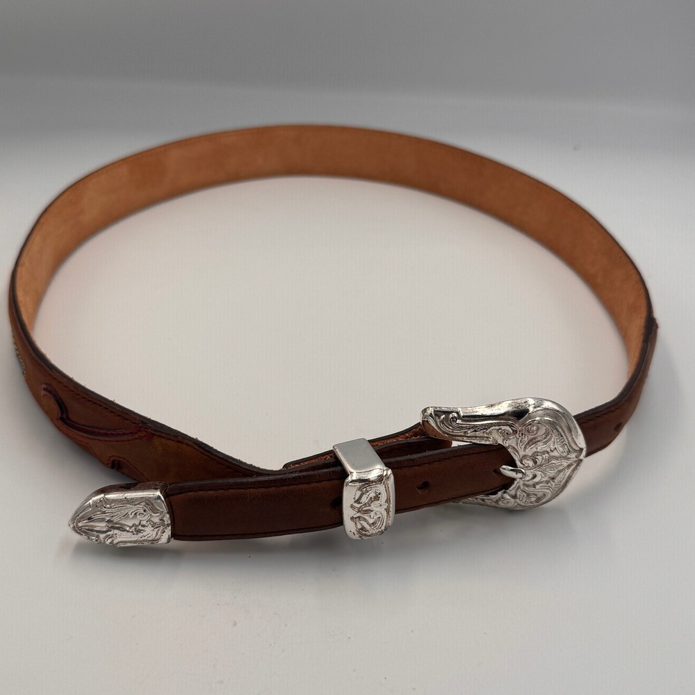 Justin Womens Brown Leather Western Belt & Buckle Engraved Hearts Size 34